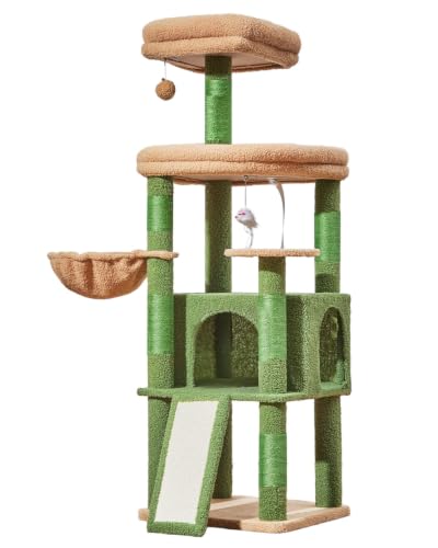 Image of Taoqimiao Sturdy Cat Tree, Cat Tower for Indoor Cats, Extra-Large Platform | 58.7Inch, Widened Cat Condo with Large Scratch Board, Top Perch, 6 Scratching Posts, Soft Basket, Cat Toys, Cactus MS045ST