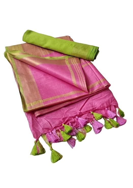 Image of STB-SILK TEXTILES BHAGALPUR Women's Linen Slub Saree With Contrast Blouse Piece