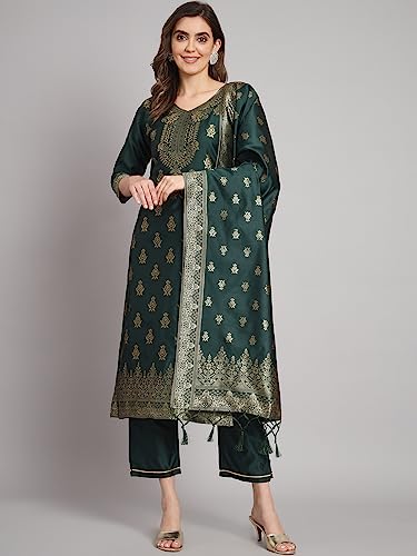 Image of VredeVogel Women's Cotton Silk Jacquard Kurta Pant Set with Banarasi Silk Dupatta