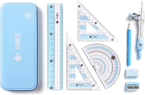8 Pieces Math Geometry Kit Set Student Supplies with Shatterproof Iron Box Geometry Set for School Includes Ruler Protractor Compass Pencil Pencil Sharpener and Eraser etc