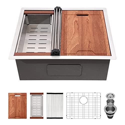 Lordear 58,4 cm Unterbau-Küchenspüle Ledge Workstation Einzelschüssel 16 Gauge Edelstahl Bar Prep Unterbau Waschbecken Cover