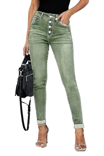 Allimy Womens Plus Size Jeans Jeggings Green Button Fly Stretchy Skinny High Waisted Boyfriend Jeans for Women Trendy High Waist US 10
