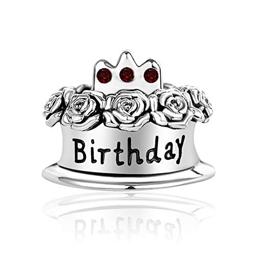 Image of Birthstones Happy Birthday Cake Charms Compatible with Pandora Charms Moments Bracelets Candle Crown Celebration Beads