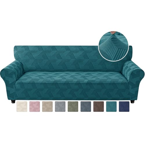 JIVINER 1 Piece Couch Cover for 3 Cushion Couch, Stretch Extra Large Sofa Covers with Elastic Bottom, Washable Oversized Sofa Slipcovers Feature Geometrical Jacquard Fabric (XL Sofa, Peacock Blue)