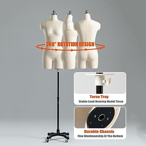 Adjustable Mannequin Torso with Universal Wheels, Split Leg Design, Height Adjustable Dress Form for Clothing, Jewelry, Sewing – Beige, Metal Stand (Model 92#)