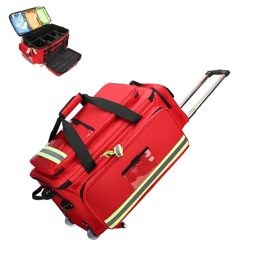 Portable First Aid Kit Bag, Large Capacity Outdoor Emergency Duffle with Wheels&Detachable Trolley, Compartments, Multi-pocket Design for Outdoor