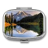 Pill Box Mountain and Lake Pictures Small Pill Case for Purse Pocket 3 Compartment Medicine Pill Organizer Portable Travel Pillbox Metal Pill Container Holder to Hold Vitamins Fish Oil Supplements