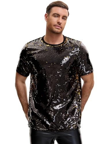 Lars Amadeus Sequin t Shirt for Men's Short Sleeve Round Neck Regular Fit Party Club Sparkly Disco Tee Top2
