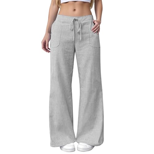 Pantalon en lin femme décontracté à rayures tendance pour l'extérieur