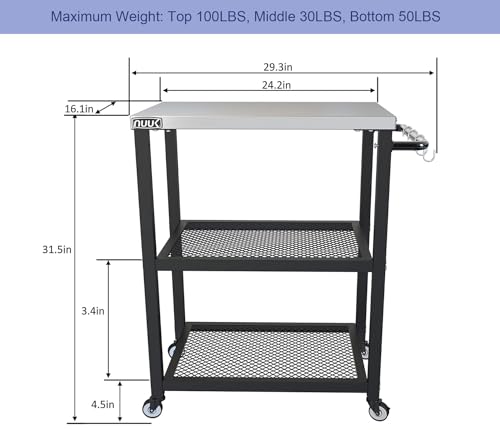 NUUK Three-Shelf Rolling Outdoor Dining Cart Table, 16" x 24" Stainless Steel Commercial Multifunctional Kitchen Food Prep Worktable on Wheels