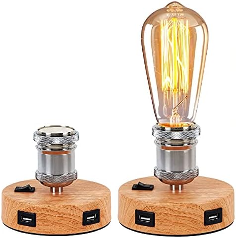 Jansi USB Table Lamp , Industrial Table Lamp with 2 USB Ports, Small Vintage Bedside Desk Lamp for Bedroom, Office, Living Room (Without Bulb) (Wood Color)