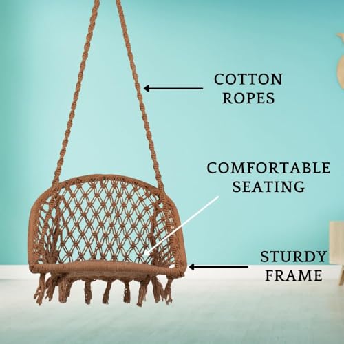 Image of Swingzy Premium Cotton D-Shape Hanging Swing Chair for Home, Balcony & Garden | Indoor & Outdoor Hammock for Kids & Adults | Stylish Brown Net Design with Comfortable Seating (64 x 61 x 152 cm,Brown)