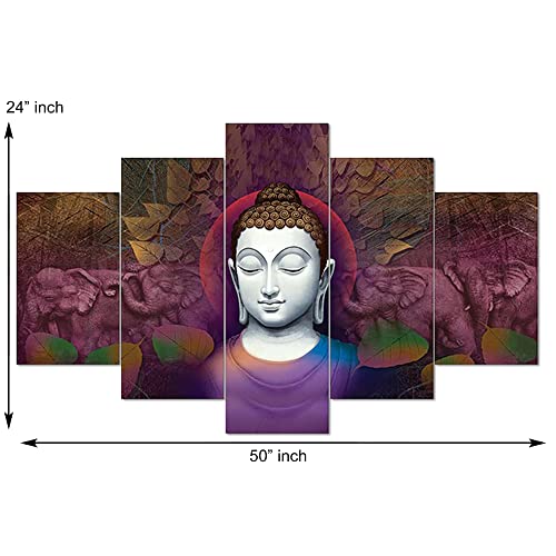 Image of Clasiko Set Of 5 Pcs 3D Wall Painting With Frame; 24x50 Inches; Buddha Face With Purple Leaves
