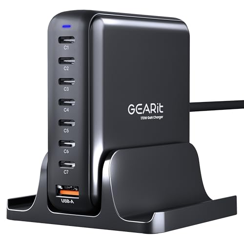 GEARit 8-Port 170W GaN Charger - USB Fast Charging Station and Power Hub for Multiple Devices -...