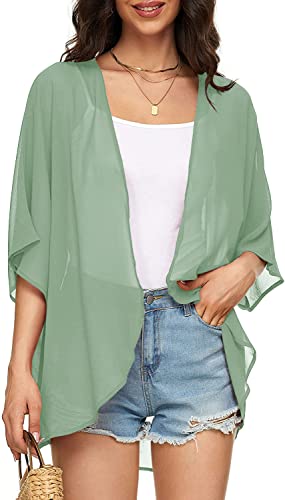 Image of Indian Trendy Women's Solid Puff Sleeve Kimono Cardigan Loose Cover Up Casual Blouse Top Chiffon