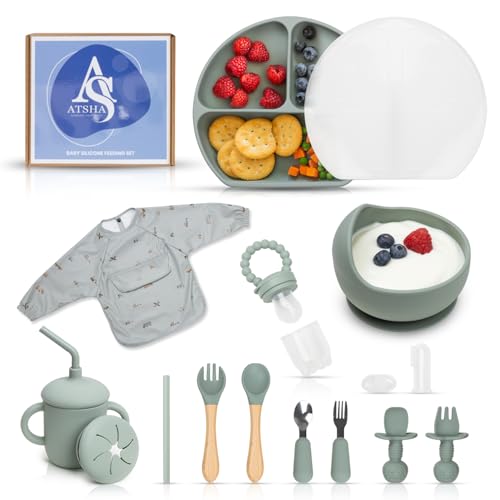 Image of Silicone Baby Feeding Set - 19 Pcs Baby Led Weaning Supplies, Suction Plate and Bowl, Sippy Cup, 3 Set of Forks, Fruit Tetther, Tiny Brush, and Long Sleeved Bib