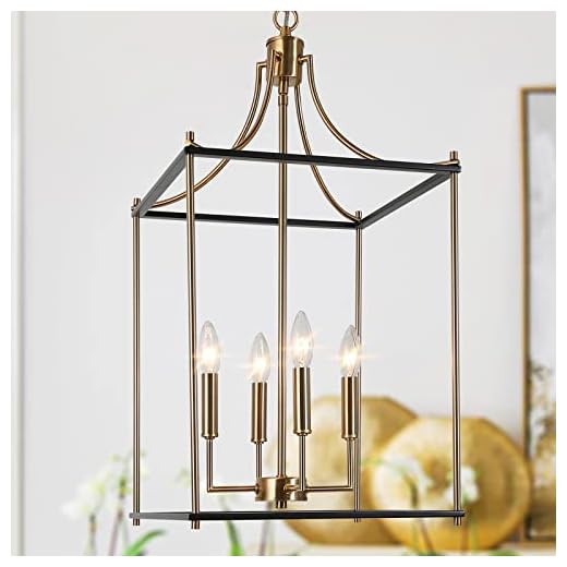 Durent Lighting Modern Chandelier Light Fixture, 4-Light Black and Gold Lantern Chandelier, Hanging Ceiling Light for Dining & Living Room, Bedroom, Kitchen Island, and Foyer