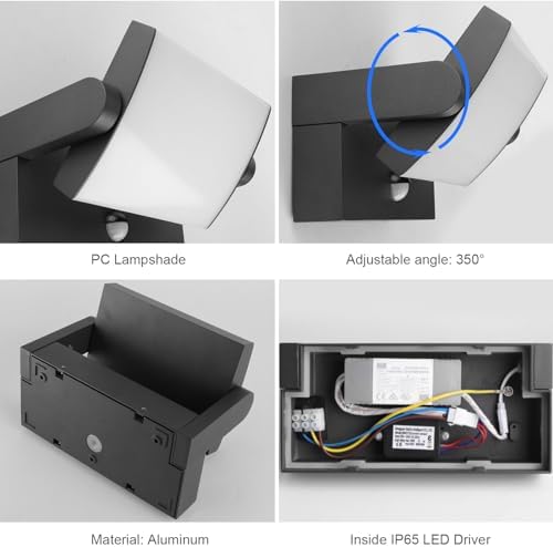 Klighten Lampa zewnętrzna 24 W, z czujnikiem ruchu, IP65, lampa ścienna do użytku na zewnątrz/wewnątrz z obrotowym panelem LED, lampa zewnętrzna na taras, wejście do korytarza, 1500 lumenów, czarna,