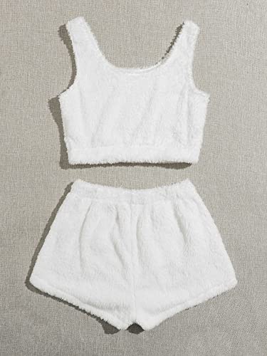Verdusa Women's Fluffy Teddy Scoop Neck Crop Tank Top With Shorts Lounge Set White S #TOP1