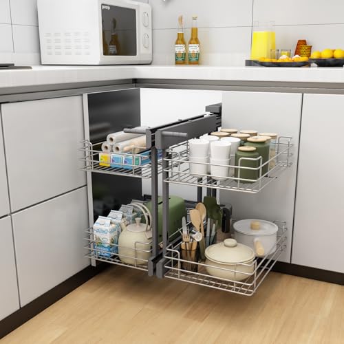 VADANIA Blind Corner Pull Out Organizer for 900mm Cabinet, Left Open & Right Open Compatible, Min Opening 14, 2-Tier Pull-Out Basket, Soft Close, Bottom Mount