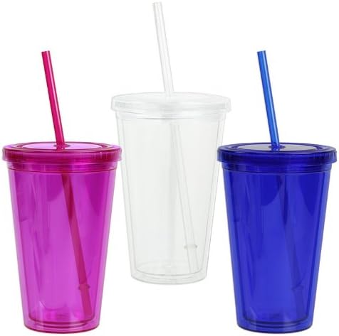 16 oz Acrylic Double Wall Cup with Straw - BPA-Free - Choose from Blue, Pink, or Clear