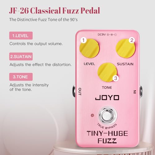 Image of JOYO Analog Fuzz Guitar Pedal, Vintage 90's Voicing with Level /Sustain /Tone Control, Battery or 9V DC Powered, True Bypass (TINY-HUGE JF-26)