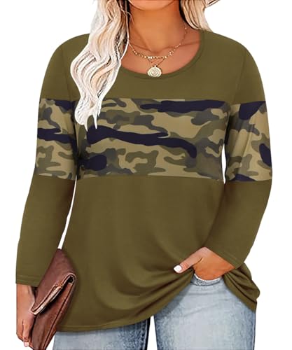 Image of CARCOS Plus Size Tops for Women Color Block Flower /Striped /Camo Crew Neck Long Sleeve Tee Shirt