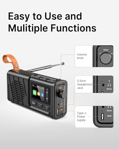 pinci Radio DAB portátil con Bluetooth, radio FM recargable por USB, radios digitales alimentadas por batería con mango elegante, 40 estaciones preestablecidas, temporizador de sueño/reloj de alarma - imagen 5