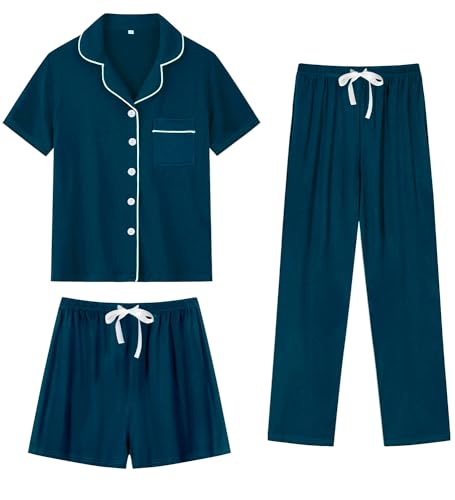Image of SWOMOG Womens 3pcs Button Down Pajamas Set Short Sleeve Sleepwear Bride Pj Lounge Set with Long Pants