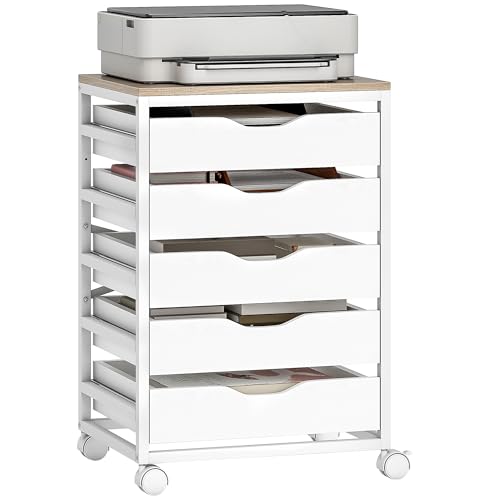 HOMCOM Caisson bureau mobile, meuble rangement sur roulettes bois avec 5 tiroirs, poignées encochées, pour travail, bureau à domicile, 50 x 40 x 74,5 cm, blanc