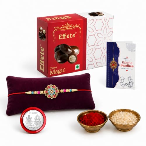 Image of DeoDap Designer Floral Rakhi for Brother with Effete Choco Magic, Multicolour Beads, Roli Chawal, Shagun Coin and Greeting Card, Raksha Bandhan Gift Combo