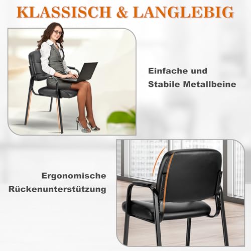 DUMOS edx Wartezimmer-Gästestühle 2er Set mit gepolsterten Armlehnen, Schreibtischstuhl aus PU-Leder, ohne Rollen, mit Lendenwirbelstütze und Metallrahmen, für Büro, Konferenzlobby