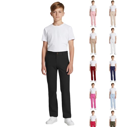 Boys Dress Pants Kids Zipper Elastic Waist Straight Leg Uniform Pants Casual Stretchy Basic Solid Trousers with Pockets