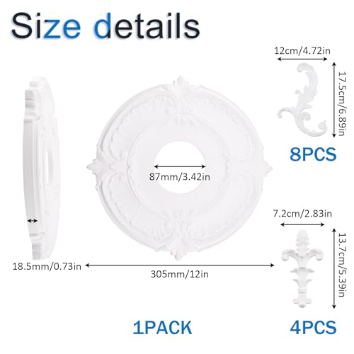 Image of INCREWAY 1Set Carved Ceiling Lamp Base Molding Kit 3D Modeling Ceiling Medallion Lighting Medallion Cover Plate for Light Fixtures Light Trim, 12 Inch OD x 3.42 Inch ID(White)