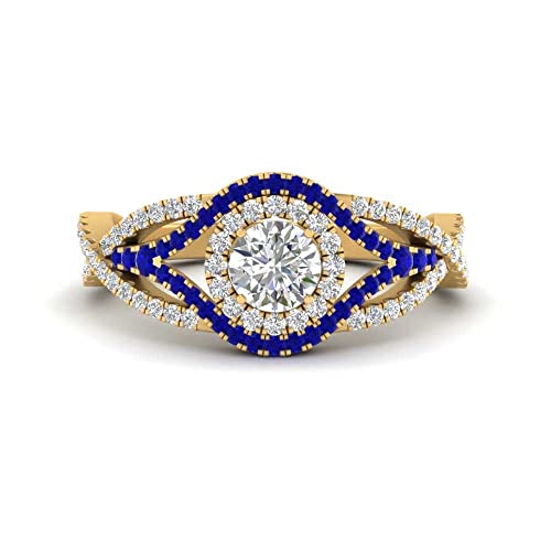 Image of Choose Your Gemstone Round Twisted Pave Double Halo Diamond CZ Ring Yellow Gold Plated Round Shape Double Halo Engagement Ring for Women, and Ladies US Size 4 to 12