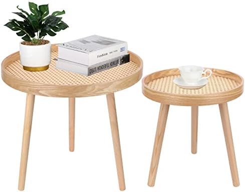 Round Coffee Table Set of 2, Natural Boho Coffee Table, Small Mid Century Modern Rattan Coffee Table, Boho Side Table End Tables for Living Room Bedroom Office Balcony