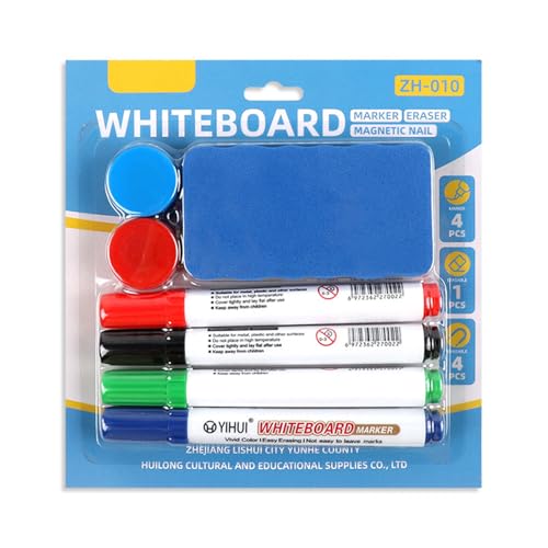 Rnigra Whiteboard Marker Pens Set – 4 Colours Whiteboard Pens, Erasable with 4 Magnetic Clips & Whiteboard Eraser, Ideal for Home, Office & Classroom
