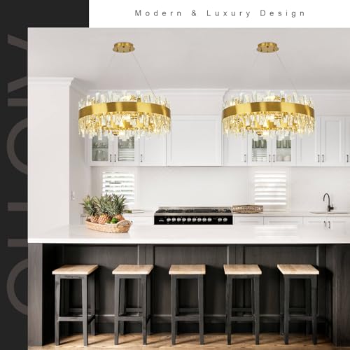 Image of AioTio Modern Crystal Chandelier, D23.6'' Brass Round K9 Crystal Gold Raindrop Chandelier for Dining Room, 12 Lights Luxury Ceiling Pendant Light Fixture for Living Room, Bedroom,Kitchen Island