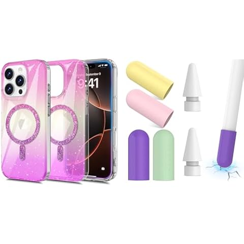 TOPAUX for iPhone 16 Pro Glitter Case + Replacement Tip for Apple Pencil, 4 Shockproof Non-Slip Impact Resistant Colorful Silicone Pen Cover Cap 2 Pack Fine Point iPencil Stylus Nib for Apple Pencil Cover