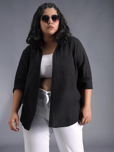 Image of High Star Women Classic Spread Collar Curved Cotton Oversized Casual Shirt