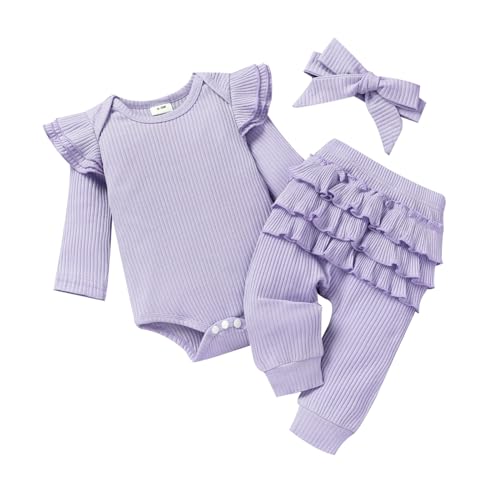 Image of CETEPY Baby Girl Clothes Newborn Romper Long Sleeve Infant Outfits 3Pcs Ruffle Tops + Pants + Headband