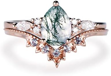 1.25ct Pear Bridal Set Natural Green Moss Agate Ring Marquise Moissanite Ring Lace Milgrain Alexandrite Wedding Band June Birthstone Jewelry Anniversary/Promise/Birthday Gift,with Delicated Gift Box