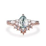 1.25ct Pear Bridal Set Natural Green Moss Agate Ring Marquise Moissanite Ring Lace Milgrain Alexandr