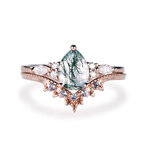 1.25Ct Pear Bridal Set Natural Green Moss Agate Ring Marquise Moissanite Ring Lace Milgrain Alexandrite Wedding Band June Birthstone Jewelry Anniversary/Promise/Birthday Gift,With Delicated Gift Box #TOP6