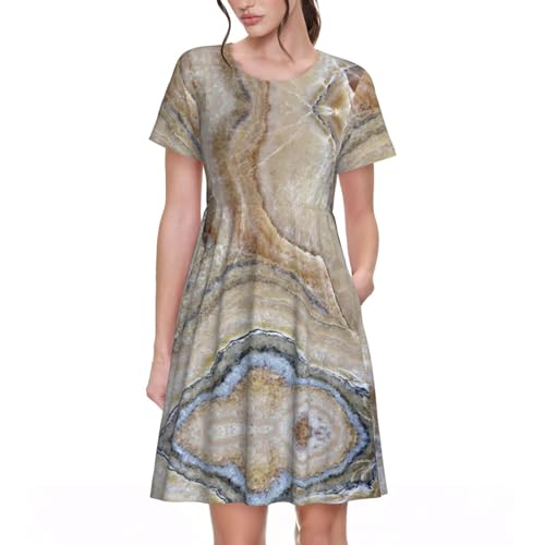 Robe de plage fluide femme manches courtes bleu pâle col rond été décontractée