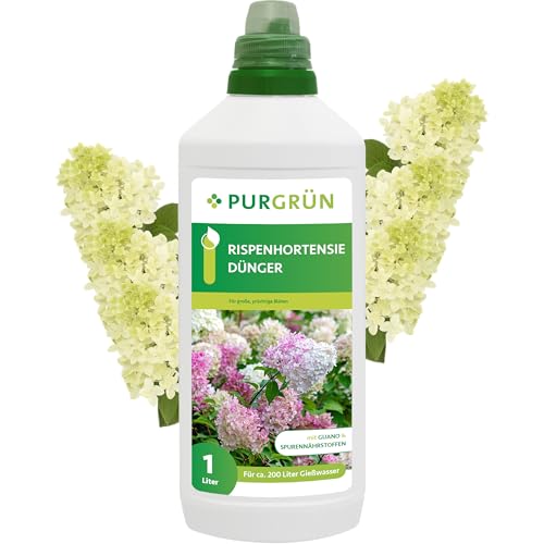 Purgrün® Rispenhortensie-Dünger 1 Liter – Organisch-mineralische Rezeptur – Premium-Flüssigdünger mit Spurennährstoffen – NPK 5+7+8 – Mit Guano & Spurennährstoffen – Für prächtige Blüten