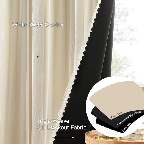 Image of XiDi Beige Double Layer Curtains with Sheer Overlay for Girls Bedroom Living Room 2 Panels Beige Blackout Curtains 96 Inches Long for Kid Nursery Room Decor Thermal Insulated Grommet Drapes W34 x L96