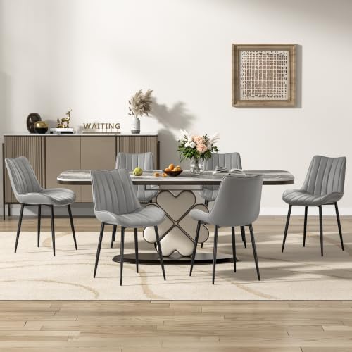VECELO Dining Chairs Set of 6, Vegan Leather Fabric & Metal Frame, Mordern Style for Kitchen, Living Room,Offcie，Light Grey by VECELO - Used condition - Image 2