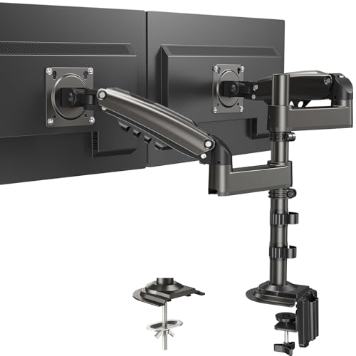 El Soporte Dual para Monitor HUANUO Ajusta a Pantallas de LCD / LED de 17 "-32", Soporte con Doble Brazo de Resorte de Gas de Rotación de 360 ° Ajustable en Altura, 2 Opciones de Montaje, VESA 75/100