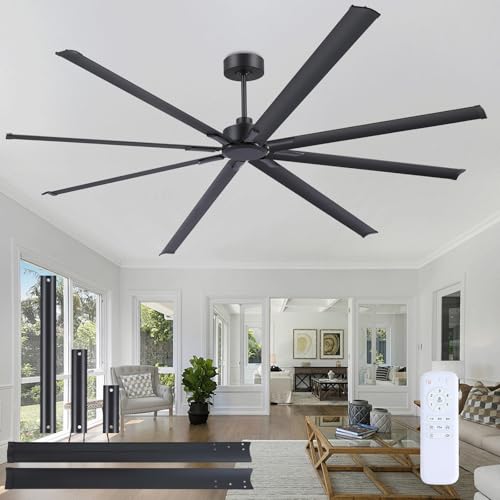 JSAITEE 96Inch Industrial Ceiling Fan, Reversible Quiet DC Motor, 8 Blades, 3 Downrods, 6 Speed Remote Control, Large No-Light Ceiling Fan for Residential & Commercial Spaces, Porch Garage Shop, Black